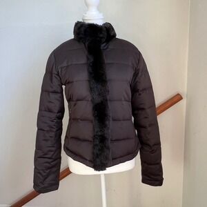 Vintage Y2K Wilsons Leather Puffer Jacket Brown Down Rabbit Fur Trim Coat Small